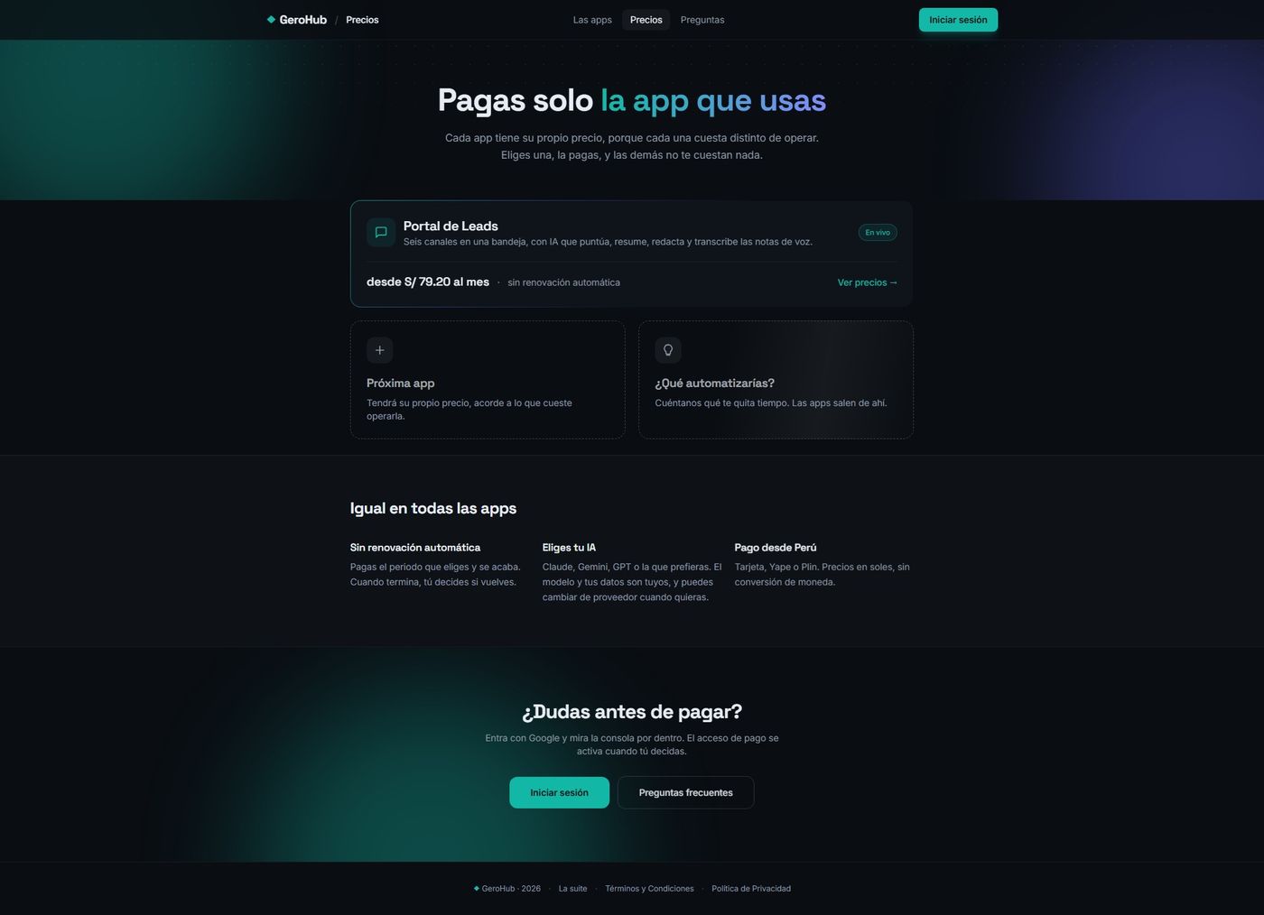 Página de precios de GeroHub